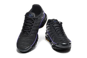 Pair of black Nike Air Max Plus sneakers with purple accents, shown from front and top angles