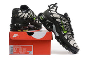 Nike Air Max Plus sneakers displayed with a box showing style code FD0670-003 and sample size labels