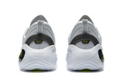 Rear view of the light grey basketball shoes showing heel details and white sculpted soles.