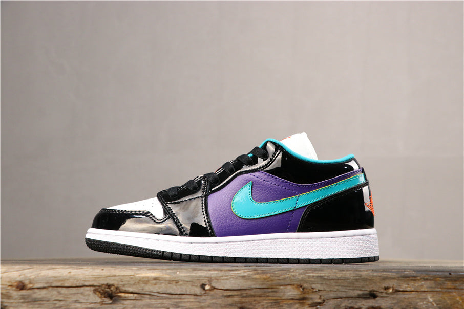 Side view of a low-top Nike sneaker with purple panels, a turquoise Swoosh, glossy black overlays, white midsole, and black outsole.