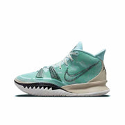 Mint green Nike Kyrie 7 basketball sneaker with darker Swoosh branding, white midsole, and white outsole.